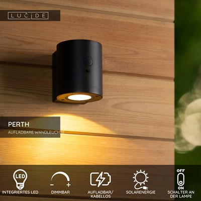 Lucide PERTH - Wandleuchte - Sonnenenergie - Ø 9 cm - LED Dim. - 1x1W 2700K/3000K - IP65 - Bewegung und Tag/Nacht-Sensor - Schwarz